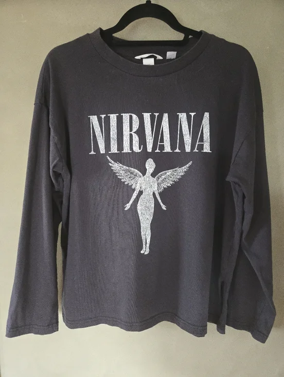 H&M | Oversized Nirvana Black Long Sleeve Angel Graphic Tee, Size S - Picture 2 of 9